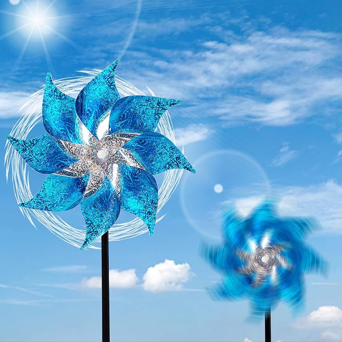 Hausse 10 Pack Reflective Pinwheels with Stakes (Assembly Required), Extra Sparkly Pin Wheel for Garden Decor, Bird Repellent Devices Deterrent to Scare Birds Away from Yard Patio Farm, Blue