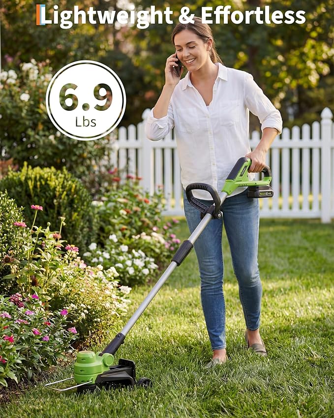 IDEALHOUSE 20V Cordless String Trimmer/Edger, 2-in-1 Weed Trimmer with Guide Wheel for Clean Edges, 12" Cutting Swath, Adjustable Length, Includes 8 Spools, Black & Green