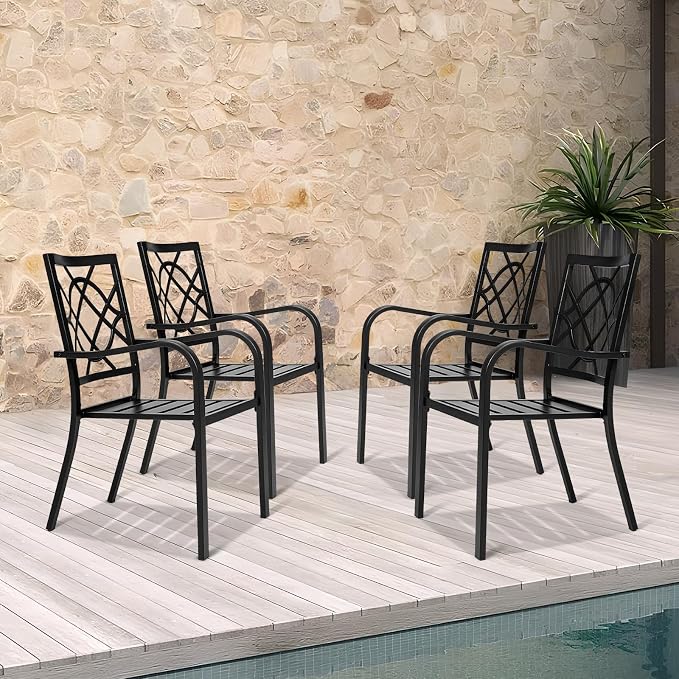 SUNCROWN 4 Pieces Wrought Iron Black Chairs 300 Lbs Outdoor Dining Chairs, Patio Metal Stackable Chair with Armrest for Backyard, Garden, Poolside