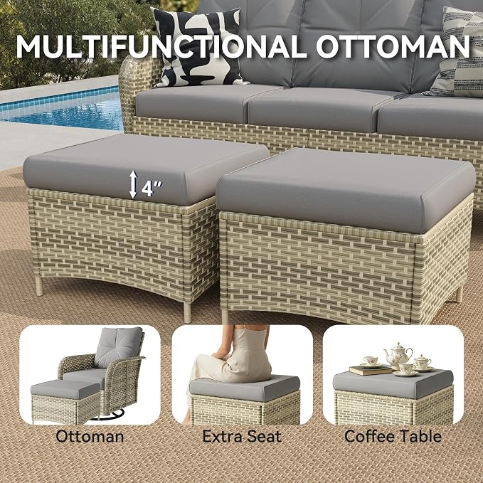 LazySunsets 12 Piece Outdoor Patio Furniture Set with 44'' Fire Pit Table, Wicker Rattan Outdoor Furniture with High Back Swivel Rocker Chairs, Outdoor Sofa Set with Thick Cushions & Ottoman, Grey