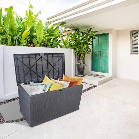 120 Gallon Outdoor Storage Box with Lockable Lid, Weather Resistant Design, Storage Bin Delivery Box for Storing Outdoor Cushions, and Tools, Durable Resin Construction, Deck Boxes Container