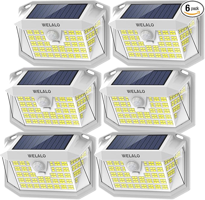 WELALO Solar Motion Lights Outdoor, [3 Modes/6 Pack/188 LED] 270° Wide Angle Lighting, Security Solar Powered Wall Lights, IP65 Waterproof Flood Lights for Fence Porch Yard Patio(White)