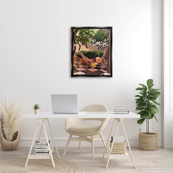 'Woman Lounging Hammock Tropical Summer'| Floating Frame Canvas Art | Stupell Industries | Black, 25 x 31 Inches, Easy to Hang and Sturdy, Made in USA, by Amelia Noyes