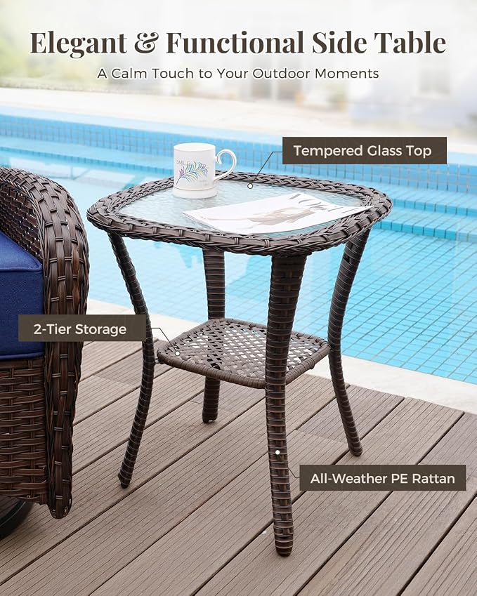 Patio Furniture Set with Luxury 6" Cushions, 3 Pieces Swivel Rocking Patio High Back Chairs, Outdoor Wicker Bistro Conversation Set for Balcony, Porch, Backyard, Poolside, Blue