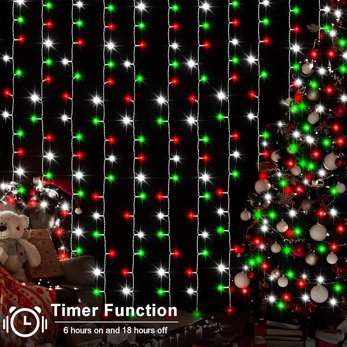 echosari Red White and Green Christmas Curtain Lights Battery Operated | 300 LED Curtain Lights 9.8Ft x 9.8Ft Hanging Lights with Remote Timer for Party Holiday Garden Yard Decor