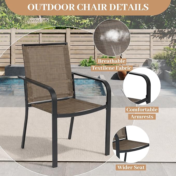 Anmutig 7-Piece Outdoor Dining Set, Powder Coated Steel Table with 6 Stackable Chairs, Black and Brown, 63 x 38 Inch Table