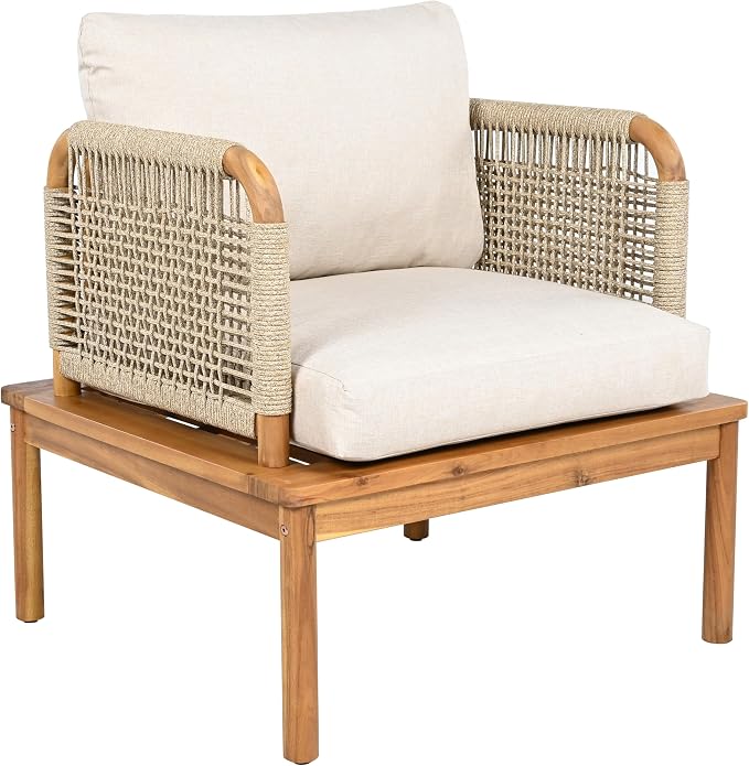 JIVOIT Outdoor Armchair, Acacia Wood and Rope Club Chair with Cushions, Mid Century Design Comfortable Single Armchair for Backyard Porch Garden Balcony