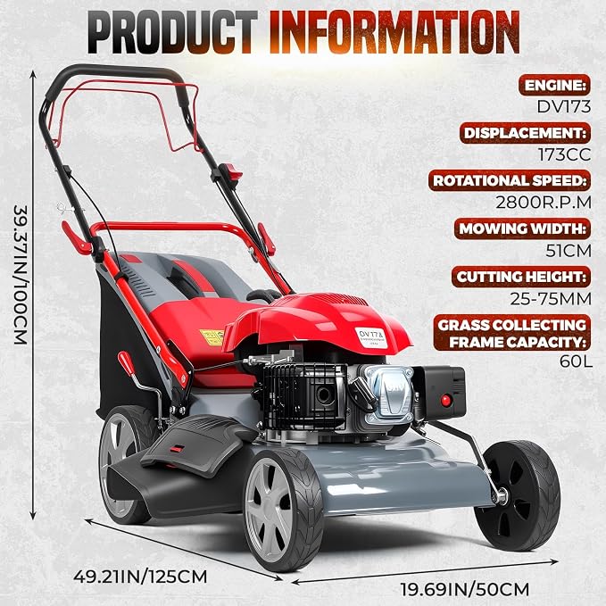 20-Inch Self-Propelled Gas Lawn Mower - 173cc Powerful Engine with 60L Grass Bag & Adjustable Cutting Height for Yard Lawn Care and Landscaping Red