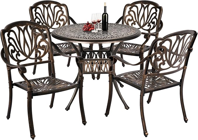 Grepatio 5 Piece Outdoor Dining Set Cast Aluminum Patio Dining Set Table and Chairs Outside Furniture 4 Chairs and 1 Umbrella Table for Lawn Garden Patio (Without Cushion)