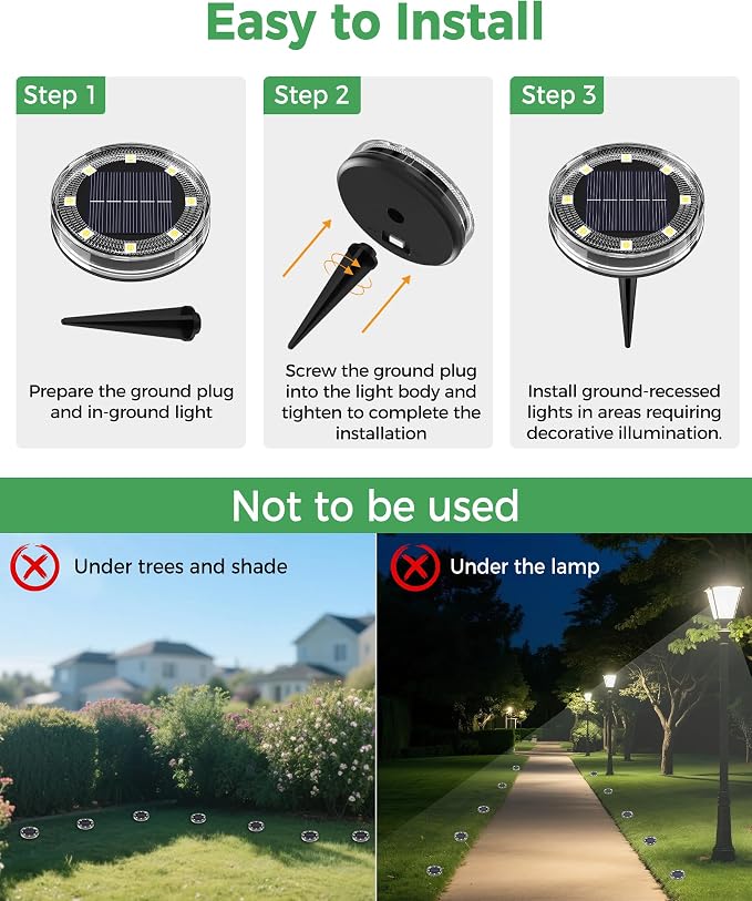 LOTMOS 10 Pack Solar Ground Lights Outdoor, 8 LED Solar Flat Lights IP68 Waterproof Disc Light, Landscape Lighting Solar Powered for Garden Yard Path Driveway Lawn Patio Walkway, Cool White
