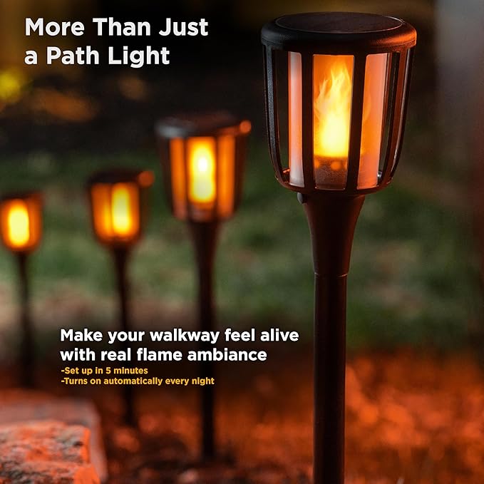 FoxFlame Solar Landscape Lights Rustic - Realistic Flickering Flame Patented LED, Adjustable Height, Pathway Lights Solar Powered Torch with Poles for Garden, Yard, and Patio Decor (4 Pack)