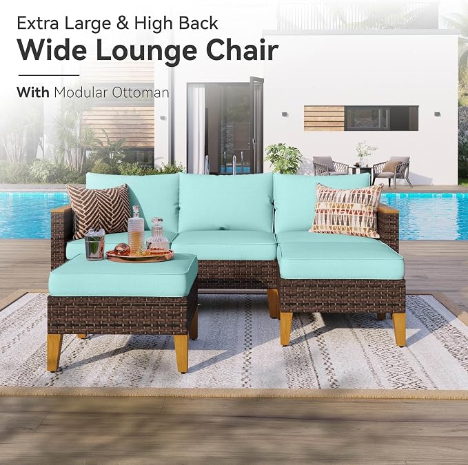 GREEN PARTY 8 Pieces Wicker Patio Furniture Set, All-Weather Outdoor Rattan Half-Moon Curved Patio Sectional Sofa Conversation Set 8 Seats with 4" Thick Cushions for Backyard, 2 x Ottomans (Blue)