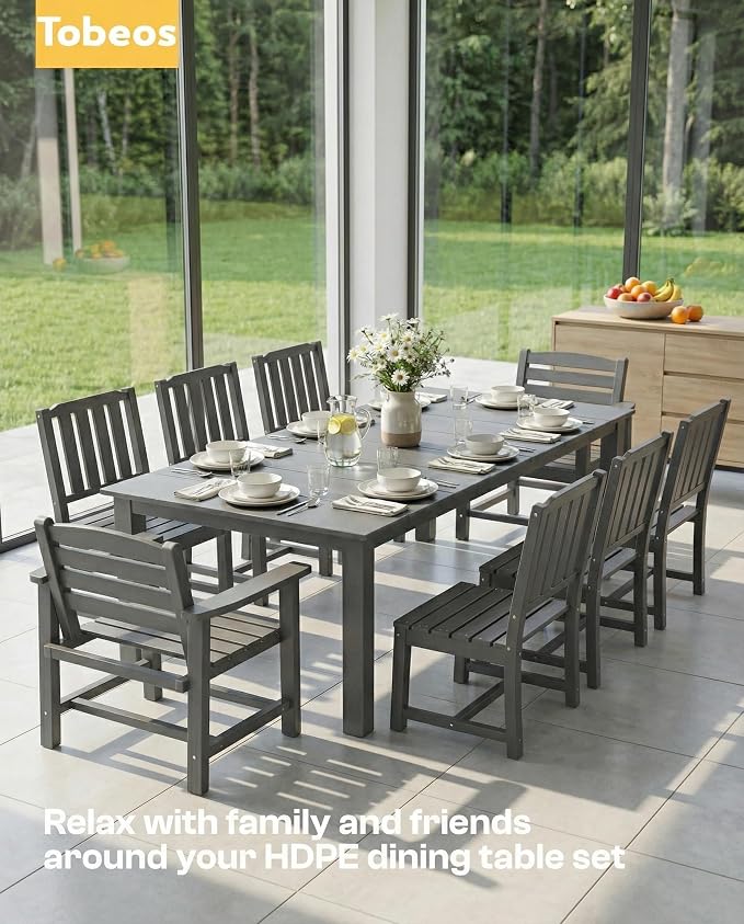 7-Pc Outdoor Dining Set, 10x10FT Cantilever Umbrella for 6,Gray | HDPE table, chairs included, aluminum frame, weather-resistant furniture, perfect for yard, lawn, garden, deck