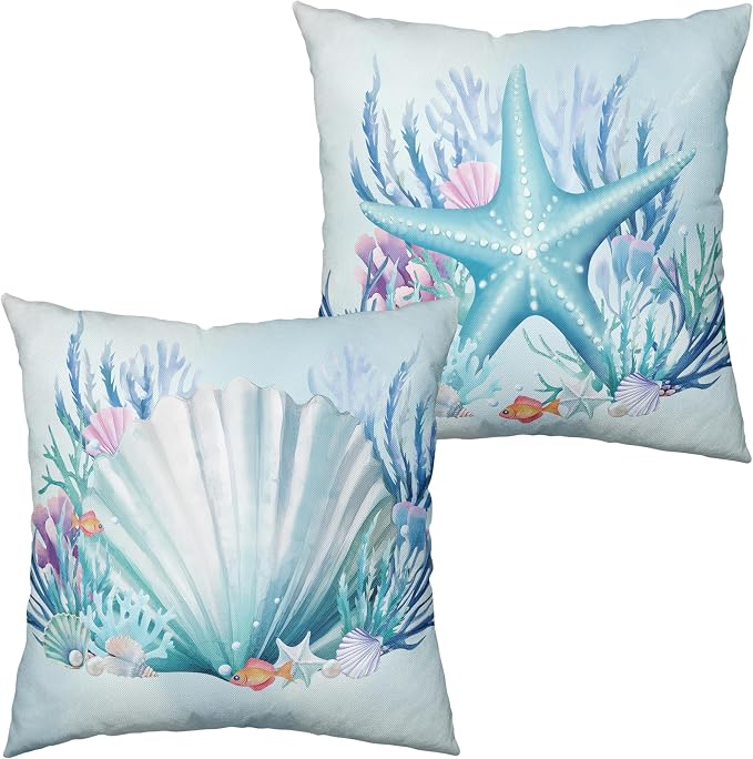 Ocean Themed Coastal Pillow Covers Seashells Starfish Throw Pillow Covers 18x18 Set of 2 Blue Seaweed Coral Pillowcase Double Sided Printing Cushion Case for Patio Outdoor Sofa