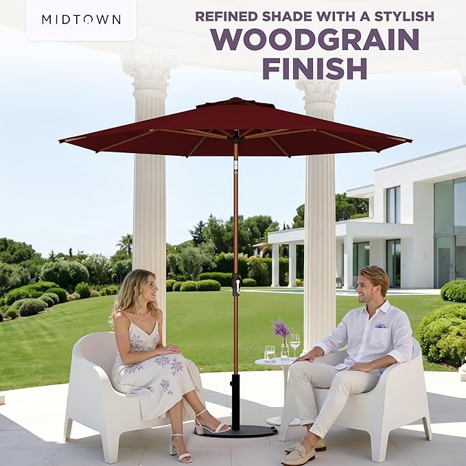 Midtown Umbrellas Wooden 2-8 Ft Patio Umbrella with 360° Swivel & Tilt Mechanism, 8 Fiberglass Ribs & Sunbrella Fabric - Outdoor Umbrella for Deck, Pool & Garden - Burgundy Canopy, Wooden Pole