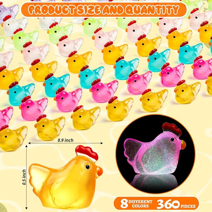 360PCS Luminous Mini Resin Chicken Tiny Chickens Bulk for Dollhouse | Miniature Chickens Animals Figurines Glow in The Dark, Micro Landscape DIY, Home Outdoor Party Decor