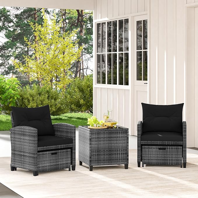 HAPPYGRILL 5-Piece Outdoor PE Rattan Conversation Set, Wicker Patio Furniture Set with Cushion, Ottoman & Coffee Table for Backyard Garden Poolside Lawn Deck Porch (Mix Grey & Black)