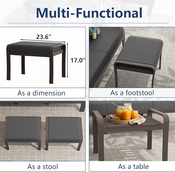 Patio Furniture Set 9-Seat Aluminum Armrest Sofa, Aluminum Outdoor Furniture with 2 Swivel Chairs, 5" Cushions, Outdoor Sectional with High Backrest & 2 Footstools for Backyard, Poolside - Grey