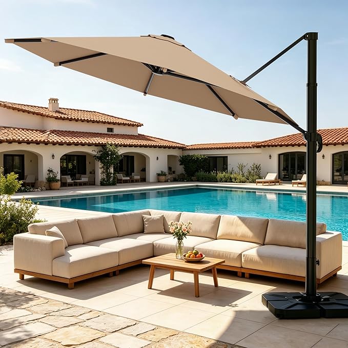 AreShark 10FT Cantilever Patio Umbrella, 360-Degree Rotation Round Hanging Offset Umbrella with Crank, Heavy Duty Patio Umbrella for Patio, Pool, Garden, Deck, Beige