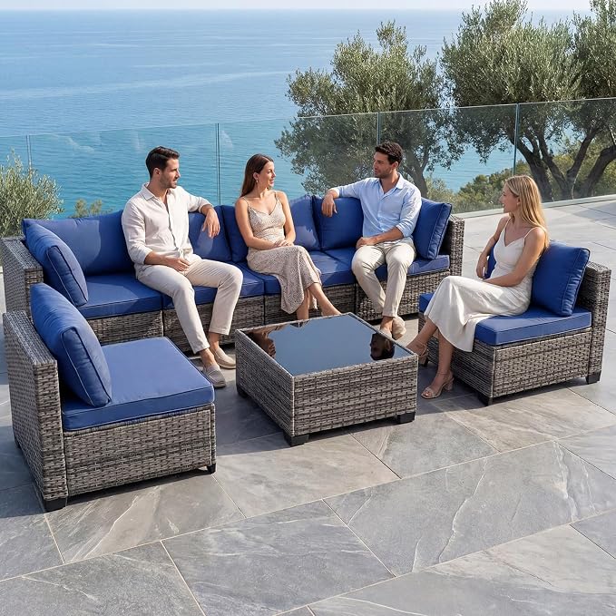 7 Pieces Outdoor Wicker Patio Furniture Set, Patio Conversation Sectional Set with Cushions & Coffee Table, All Weather PE Rattan Patio Sofa with Tea Table for Backyard Porch Garden (Navy-blue)