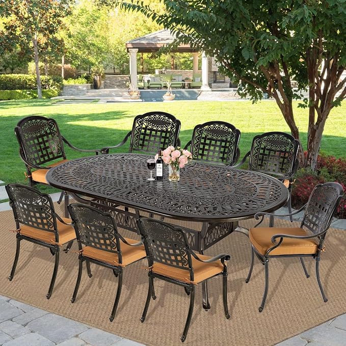MEETWARM 9-Piece Patio Dining Set, All Weather Cast Aluminum Outdoor Dining Table Set with 1 Oval Table, 8 Chairs, 8 Cushions, 2" Umbrella Hole, Dark Bronze