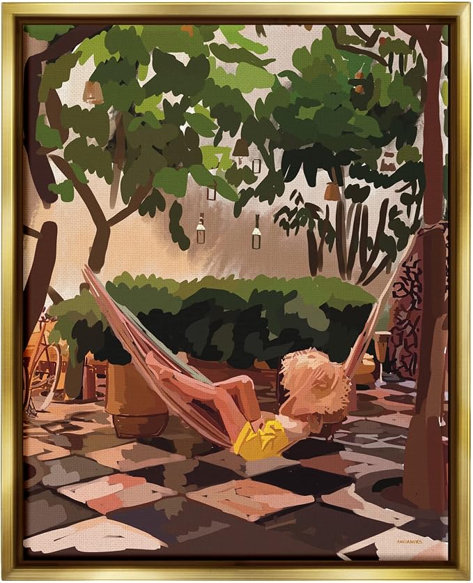 'Woman Lounging Hammock Tropical Summer'| Floating Frame Canvas Art | Stupell Industries | Gold, 25 x 31 Inches, Easy to Hang and Sturdy, Made in USA, by Amelia Noyes