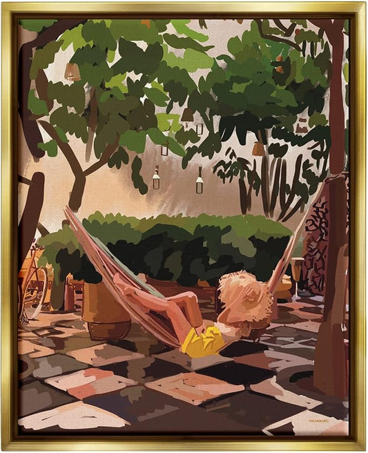 'Woman Lounging Hammock Tropical Summer'| Floating Frame Canvas Art | Stupell Industries | Gold, 25 x 31 Inches, Easy to Hang and Sturdy, Made in USA, by Amelia Noyes