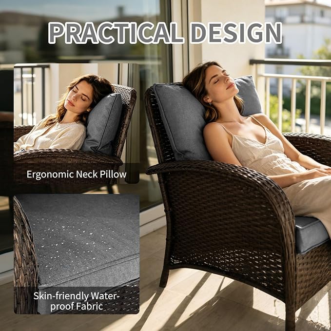 Outdoor Swivel Rocker Patio Chairs (Brown Wicker/Grey Cushion, 6PC/Sofa & Chair &Coffee Table & Ottomans)