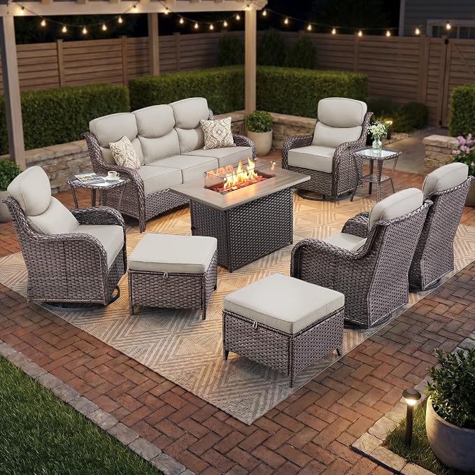 Luxury Swivel Rocker Chairs Fire Pit Set with 6" Thick Cushion 10 piece Wicker Outdoor Patio Chair with Sofa and Ottoman,Comfortable High Back Outdoor Patio Furniture Set - Brown | Beige