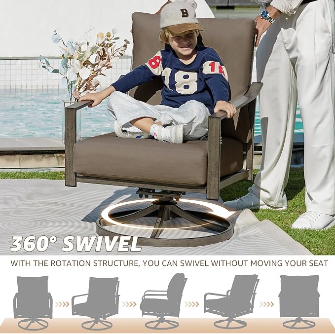 NATURAL EXPRESSIONS Patio Furniture Set,4 Piece Outdoor Conversation Metal Swivel Rocking Chairs Set with Hand-Woven Rope High Back,Sturdy Hand Brushed Wood Grain Finish Frame,6" Cushions for Yard