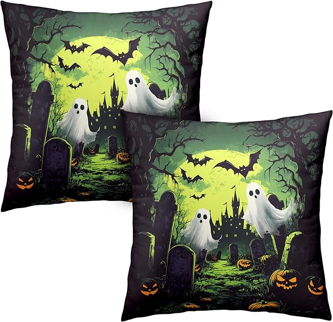 2 Pack Halloween Pillow Covers 18x18 Graveyard Ghost Throw Pillow Covers Horror Spooky Green Full Moon Night Pillow Case Bat Pumpkin Cushion Case for Holiday Party Decor Couch Sofa