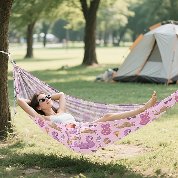 Camping Hammock Outdoor Hammocks for Outside Purple Flamingo Summer Beach Trees Portable Lightweight with Pockets Tree Straps Indoor