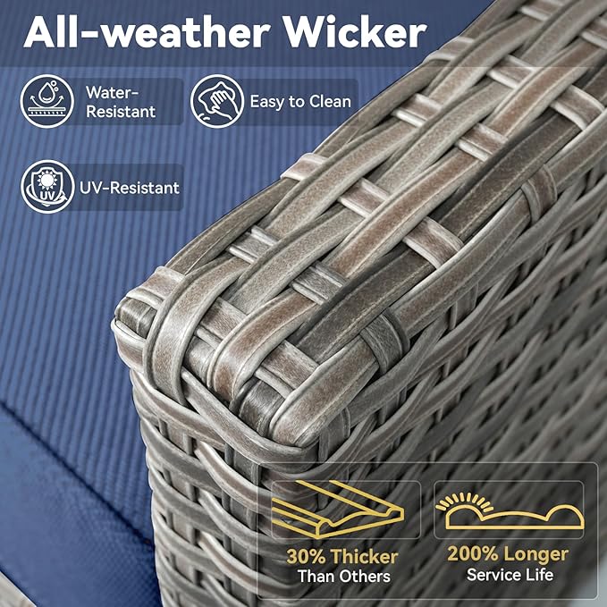 8 Pieces Patio Furniture Set with 42.5" Fire Pit Table-All Weather Wicker Outdoor Furniture with High Back Wicker Patio Chairs Set of 2 Outdoor Couch for Deck Garden Gray/Blue