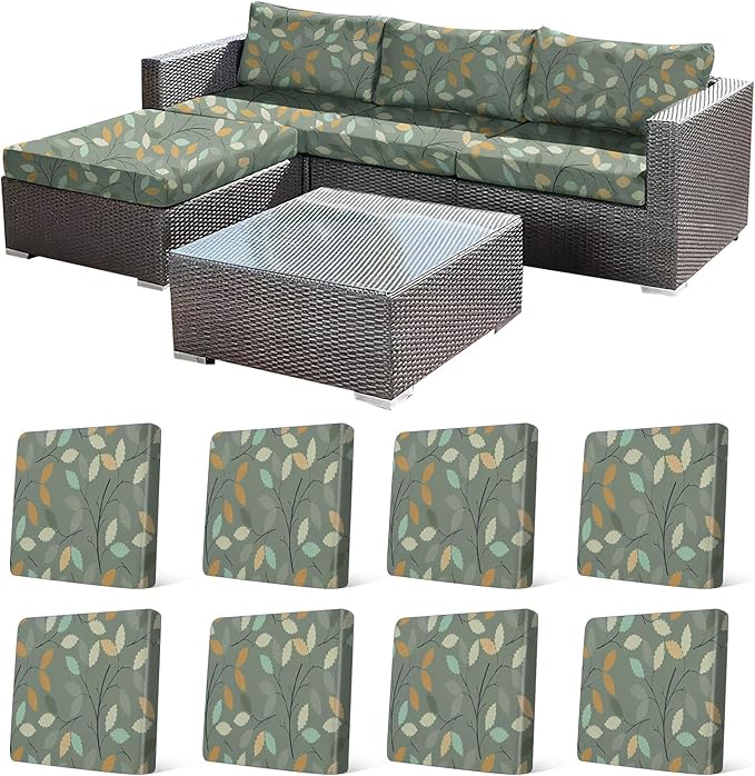 CALBODE 8Pcs Stretch Patio Cushion Cover for Autumn, Couch & Sofa Slipcovers for Patio Furniture Cushions Washable Reusable Couch Covers Replacement Fall Home Decor (Green Leaf Printed, Cover Only)