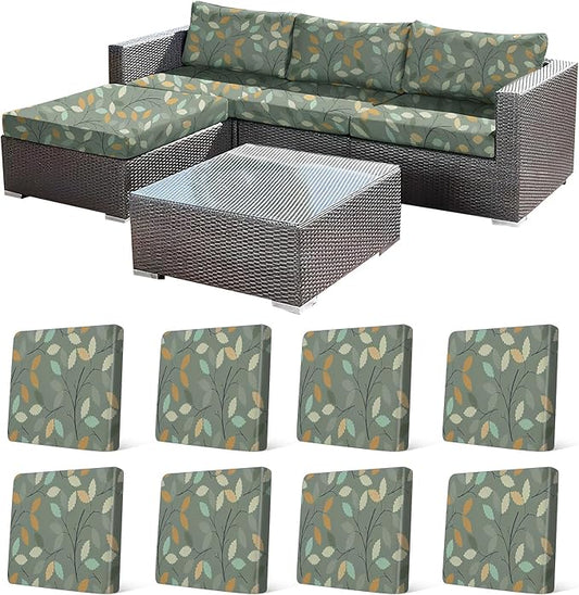 CALBODE 8Pcs Stretch Patio Cushion Cover for Autumn, Couch & Sofa Slipcovers for Patio Furniture Cushions Washable Reusable Couch Covers Replacement Fall Home Decor (Green Leaf Printed, Cover Only)