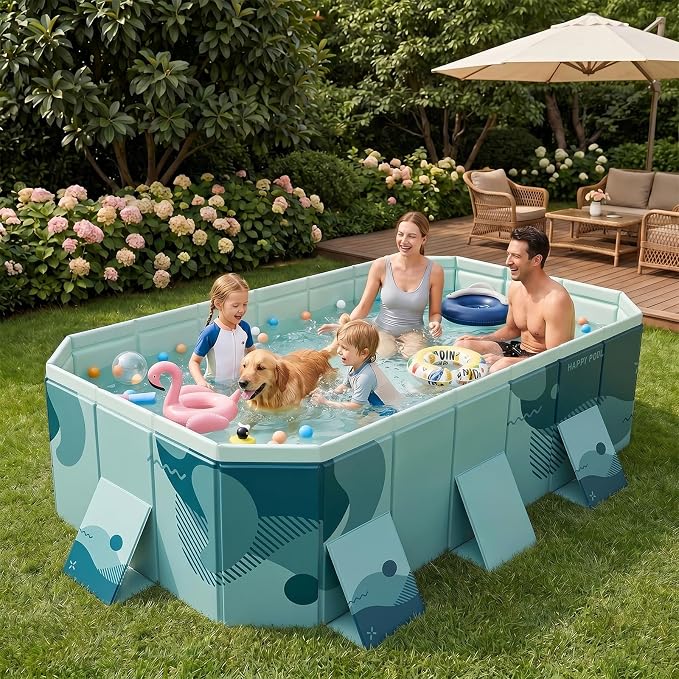 113" Non-Inflatable Foldable Pool, Extra Large Collapsible Swimming Pool with Rigid Hard Composite Board, Thickened Portable Pool for Outdoor, Backyard, Family, Camping (Film Green, 3M)