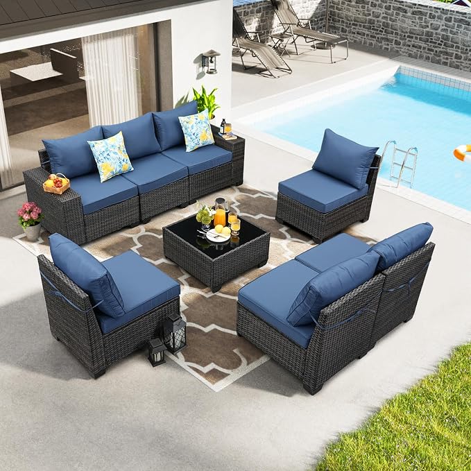 8 Pieces Patio Furniture Set, Wicker PE Rattan Outdoor Sectional with Cushion & Coffee Table, Patio Conversation Sofa for Garden, Backyard, Poolside, Navy