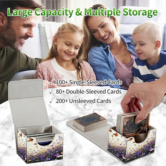Card Deck Box for MTG, Cards Storage Box Fits 120+ Sleeved, Leather Small Size Strong Magnetic Closing Card Case for Board Games Magic TCG CCG Baseball Collection, Purple Flower Butterfly