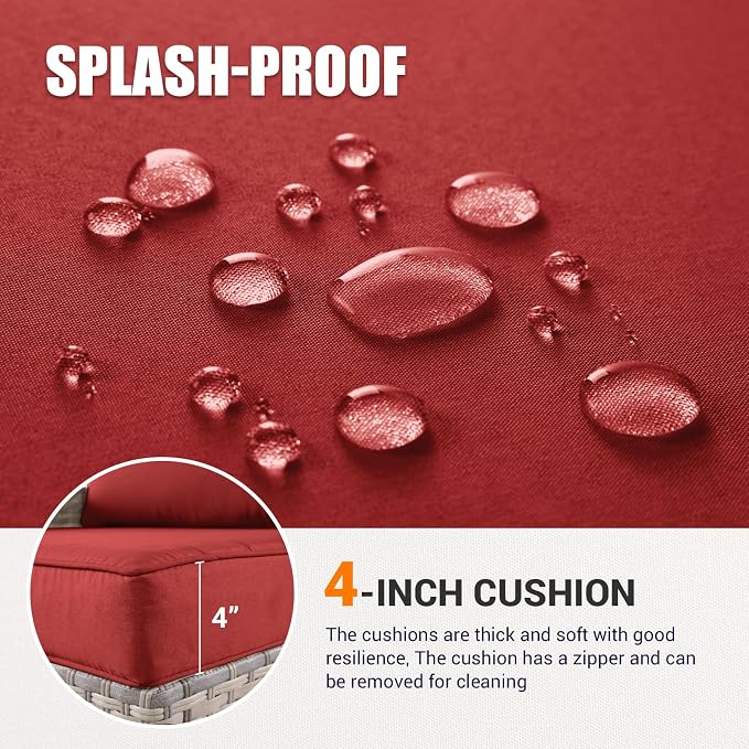 7Pcs Patio Rocking Swivel Chair with 55,000 BTU Fire Pit Table Outdoor Wicker Rattan Bistro Set with Tempered Glass Side Table, Outdoor Patio Furniture Set for Garden and Balcony, Red