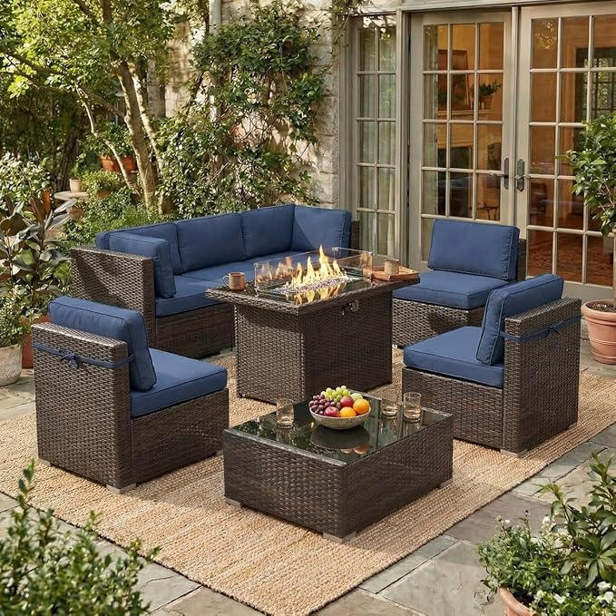LayinSun 8 Pieces Outdoor Patio Furniture Set with 44" Fire Pit Table Brown Rattan Sectional Sofa Conversation Sets