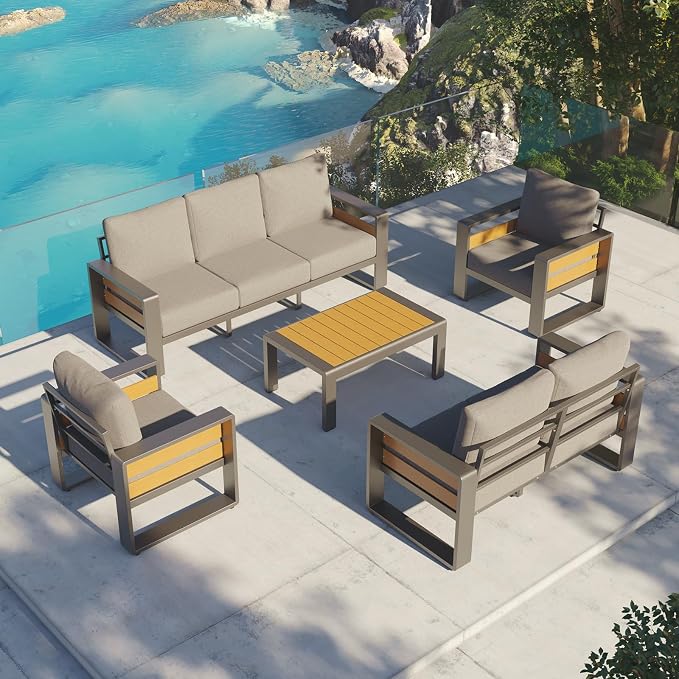 Aoxun Aluminum Patio Furniture Set, 7 Seats Luxury Metal Patio Conversation Sets with Coffee Table, Thick Cushions and Waterproof Cover, Modern Outdoor Furniture Set for Backyard/Poolside, Light Grey