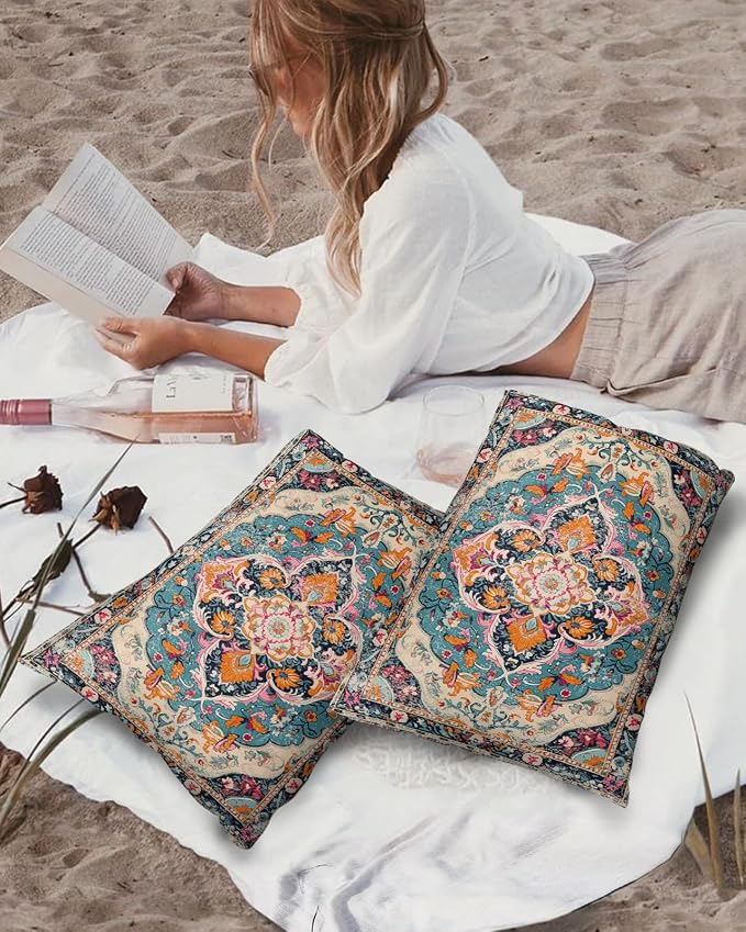 Outdoor Waterproof Pillow Covers Set of 2, Meddle Century Vintage Floral Mural Pattern Patio Throw Pillow Covers, Decorative Cushion Case for Couch Sofa Furniture Garden, 20x12 Inch