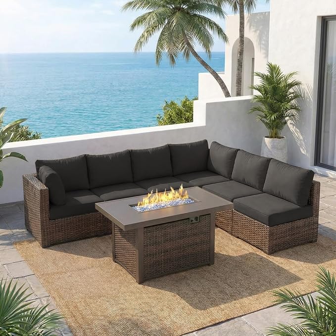 7 Piece Outdoor Patio Furniture Set with 42" Fire Pit, Wicker Furniture Sectional Conversation Sofa Set with Comfortable Cushions, Black