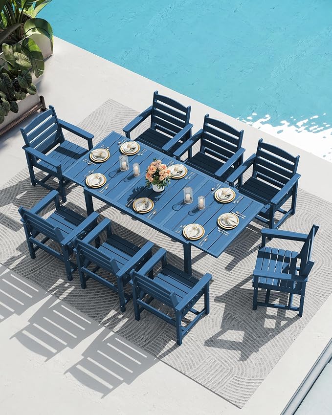SERWALL 60" - 83" Expandable Outdoor Dining Table and 6 HDPE Chairs, Blue | Outdoor Dining Set for 6, All Weather Aluminum and HDPE Outdoor Furniture Set, Extendable Patio Dining Table