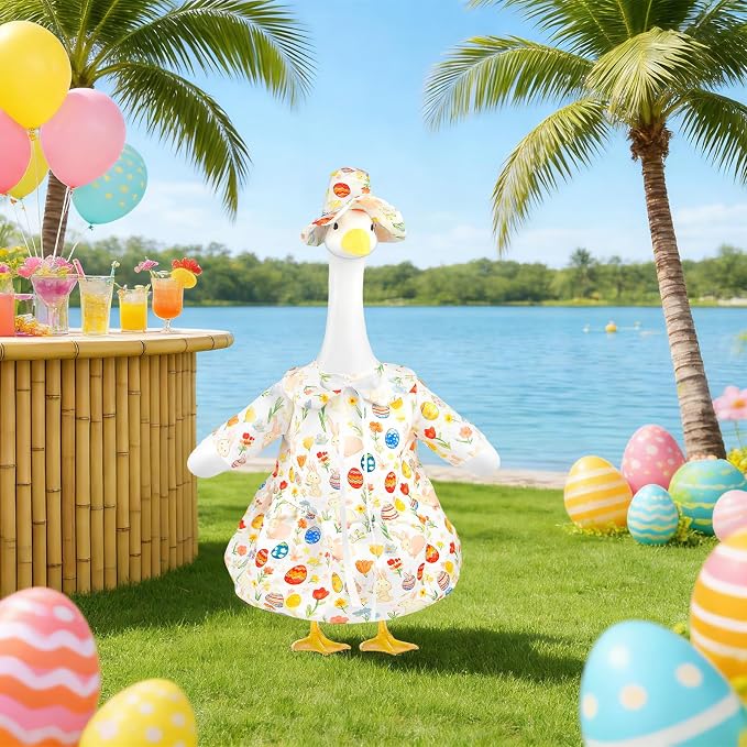 Easter Porch Goose Outfits, Bunny Goose Clothes Fits 17-23 In Statue | Spring Cute Goose Outfit Costume with Hat for Outdoor Garden Patio Yard Lawn Party Plastic Cement Decoration
