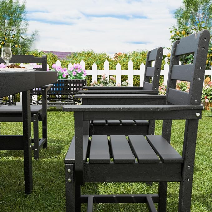 7 Piece Outdoor Dining Set All Weather HDPE Patio Table and Chairs Set for 6 with Umbrella Hole Outdoor Furniture for Deck, Backyard, Garden (Black)