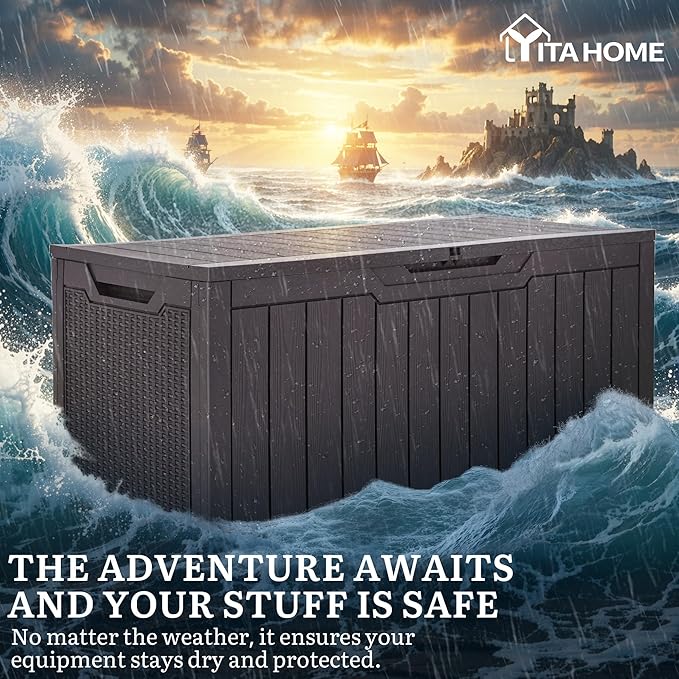 YITAHOME 100 Gallon Outdoor Storage Box, Large Water Resistant Resin Deck Box, Indoor Outdoor Lockable Storage Container for Patio, Garden, Cushions, Tools, Equipment (Dark Brown)
