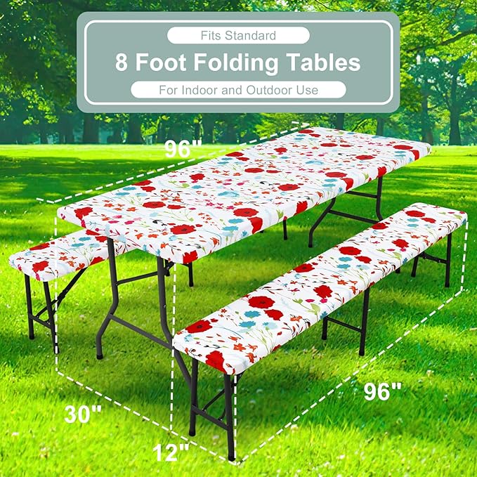 misaya Picnic Table Cover with Bench Cover, Waterproof Elastic Fitted Tablecloth for 8 Foot Tables, Rectangle Washable Polyester Fabric Tablecloths for Picnic, Camping, Outdoor (Flower, 30" x 96")