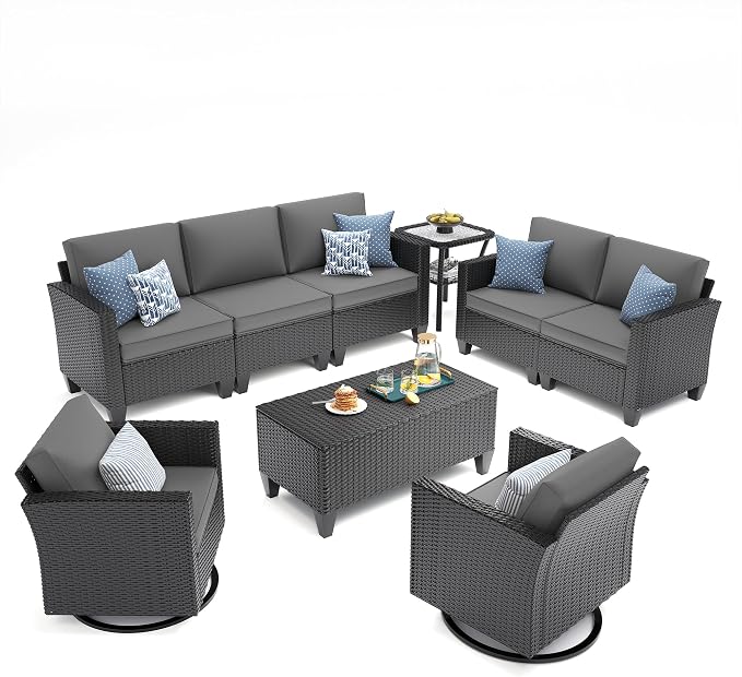 UDPATIO Patio Furniture Set, 6 Pieces Outdoor Furniture Sets with Rocking Swivel Chairs, Wicker Rattan Outdoor Conversation Set with Storage Table and Waterproof Covers for Backyard, Deck, Porch, Grey