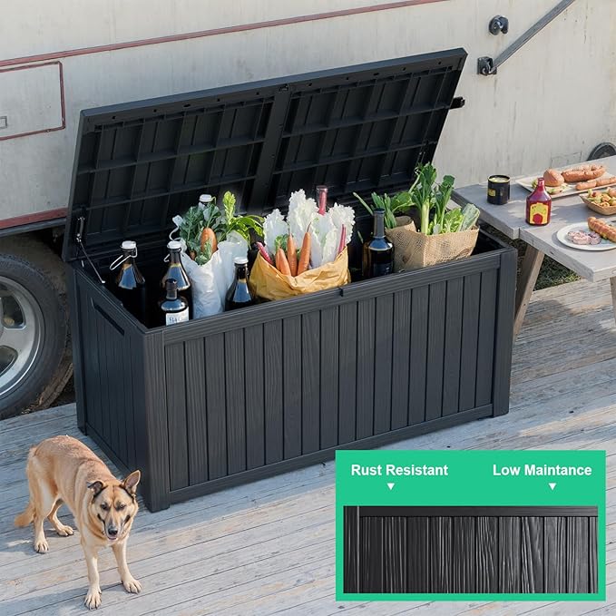 200 Gallon Waterproof Outdoor Storage Box,Resin Deck Box,Lockable Outside Storage Box Container for Patio Furniure,Garden,Tools (200 Gallon,Black)